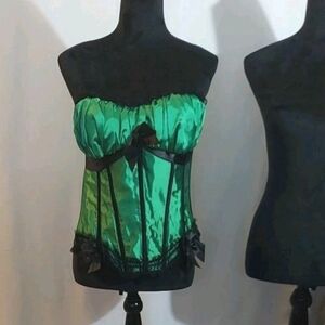 Corset Bustier Small Green Satin Side Zip Black Bows Adjustible Lace Up Back